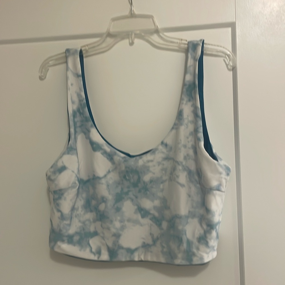 Xhilaration, reversible longline bikini top in dark teal and sky blue print.